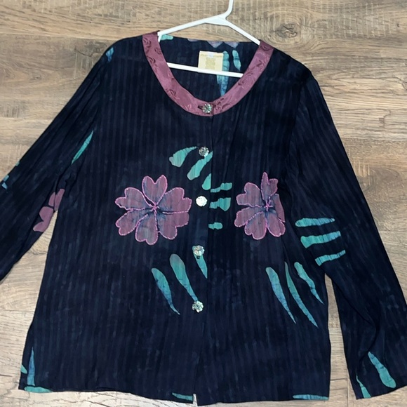 Asian creations Blue purple button up tropical SHIRT beaded round neck WOMENS Lg - Picture 8 of 14